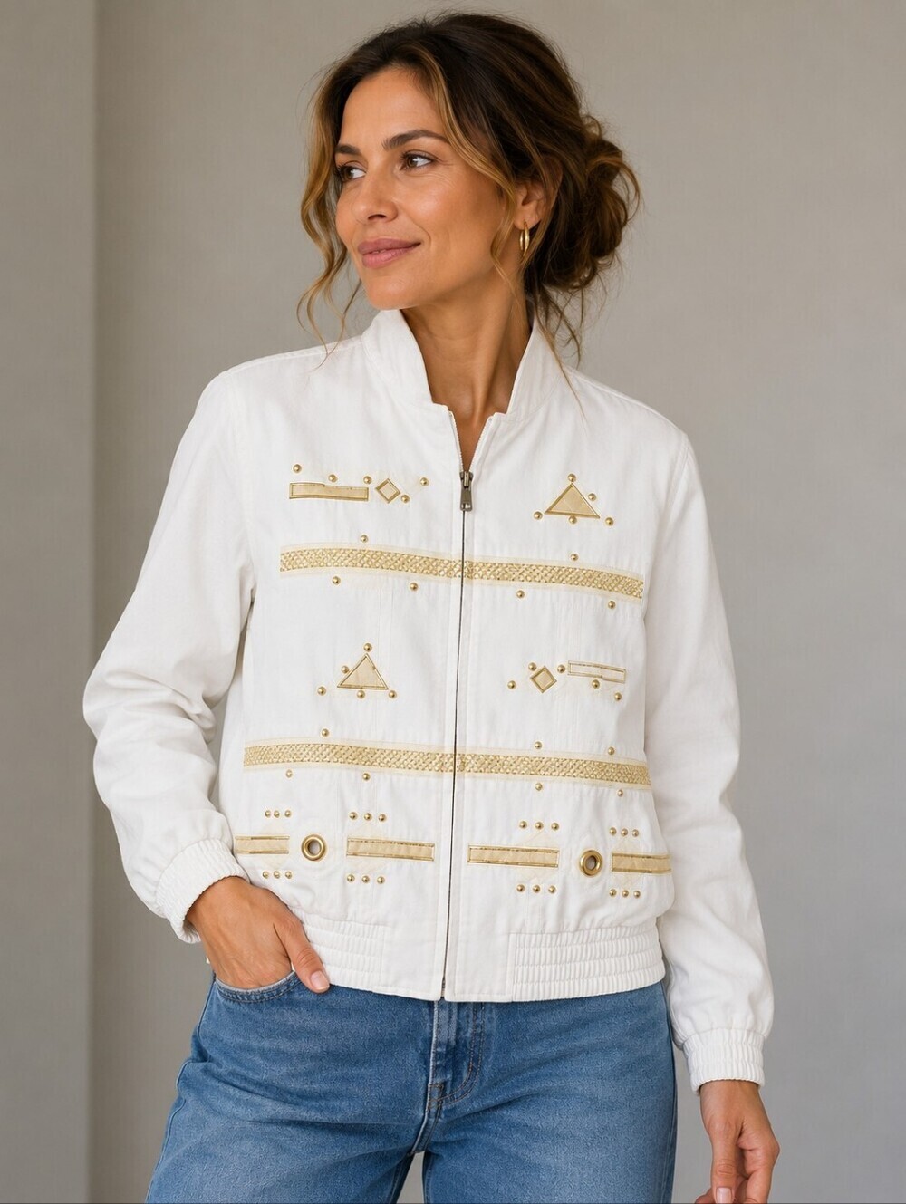 Vtg CITY GIRL 1980s White Geometric Metallic Gold Embellished Holiday Jacket